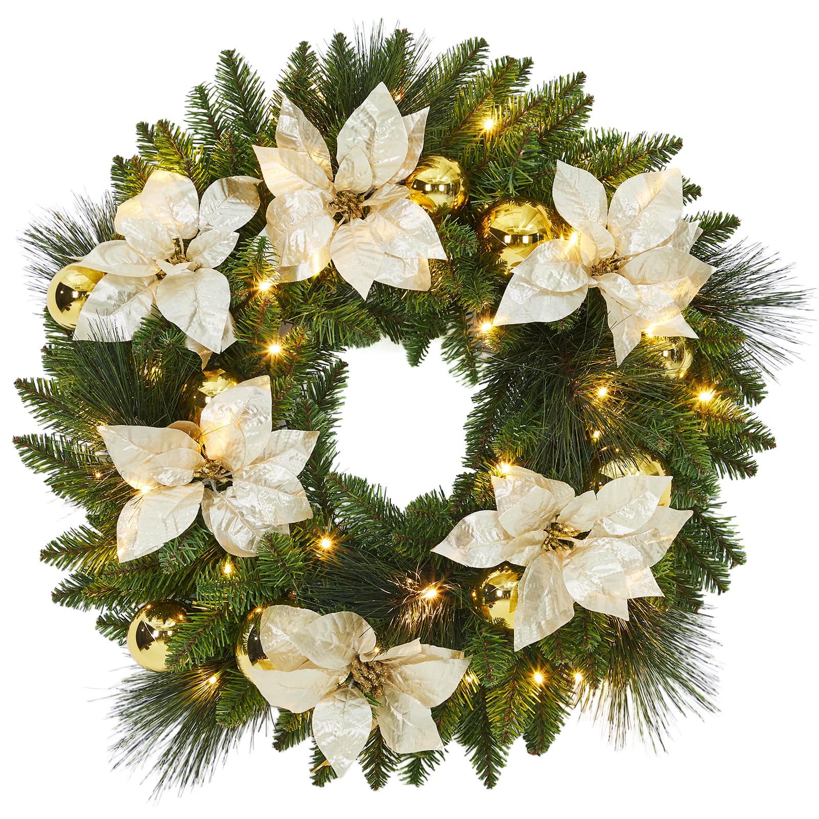 60cm Pre-Lit Decorated Wreath, Christmas Wreath for Front Door, Christmas Door Wreaths with Lights & Boubles & Artificial Poinsettia Flowers, Xmas Garland for Christmas Decorations