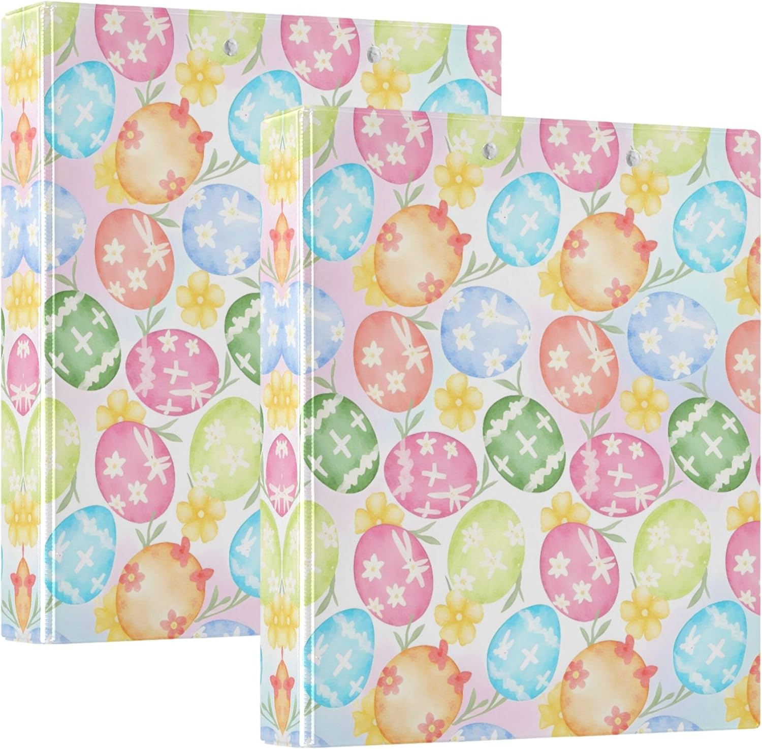 Watercolour Floral Easter Eggs 3 Ring Binders, 1.5” Round Ring Binders with Clipboard - Letter Size, 3 Interior PVC Clear Pockets & Anti-Slip Clip for Office School Supplies, 2PCS