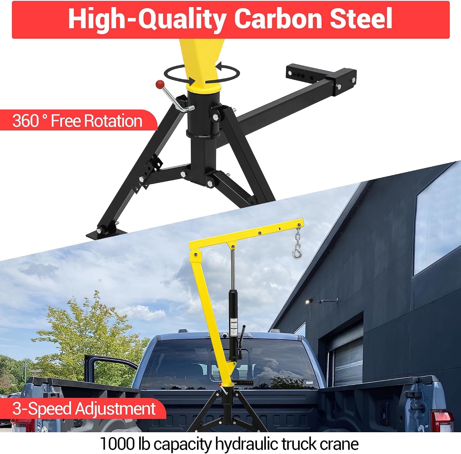 Garvee 1000 LB Electric Truck Crane,360° Swivel Heavy Duty Folding Jib Crane with 3500 LB Winch, Adjustable Height/Length Boom for Pickup Mounting - Construction, Farming, Industrial Lifting Solution