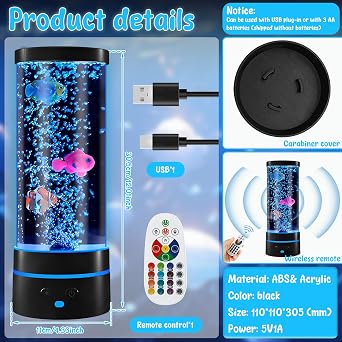 Fish Bubble Lamp, LED Mood Light with Remote Control, Aquarium Sensory Light with 7 Color Changing Modes, USB Chargable Fish Lava Lamp for Bedroom Kids Playroom, Living Room and Office Decoration [Energy Class A]