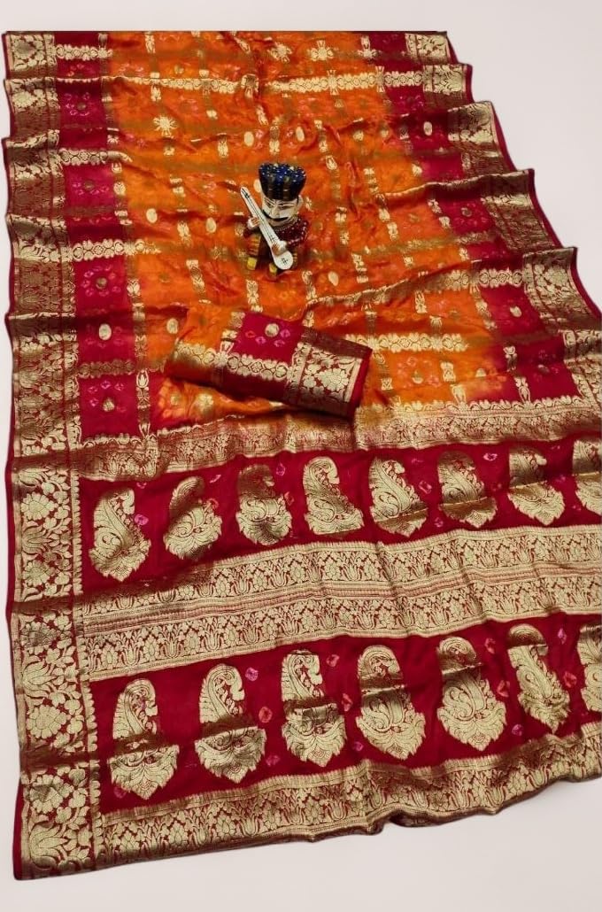 PK HUB Women's Bandhej Banarasi Silk Zari Work Saree with Running Blouse (Saree - 5.5 Meter & Blouse - 0.80 Meter)(Saree Come without Roll Press & Small Holes May Come Due to Hand Die Bandhej)