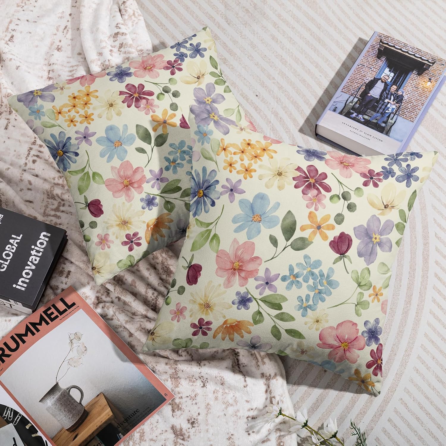 Floral Spring Pillow Covers 24X24 Set of 2, Pink Purple Blue Watercolor Flower Printed Pattern Decorative Throw Pillow Covers Outdoor Farmhouse Modern Cushion Cases Couch Sofa Bed Decor