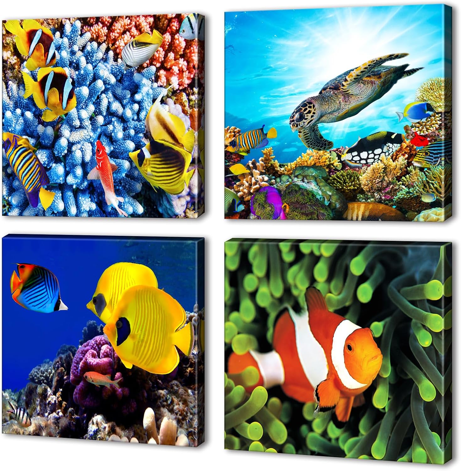 Canvas Wall Art For Living Room, 4 PCS Blue Ocean Theme Fish Sea World Painting Beach Wall Art Pictures Prints Posters Modern Framed Ready for Kids Room Bathroom Bedroom Decor to Hang