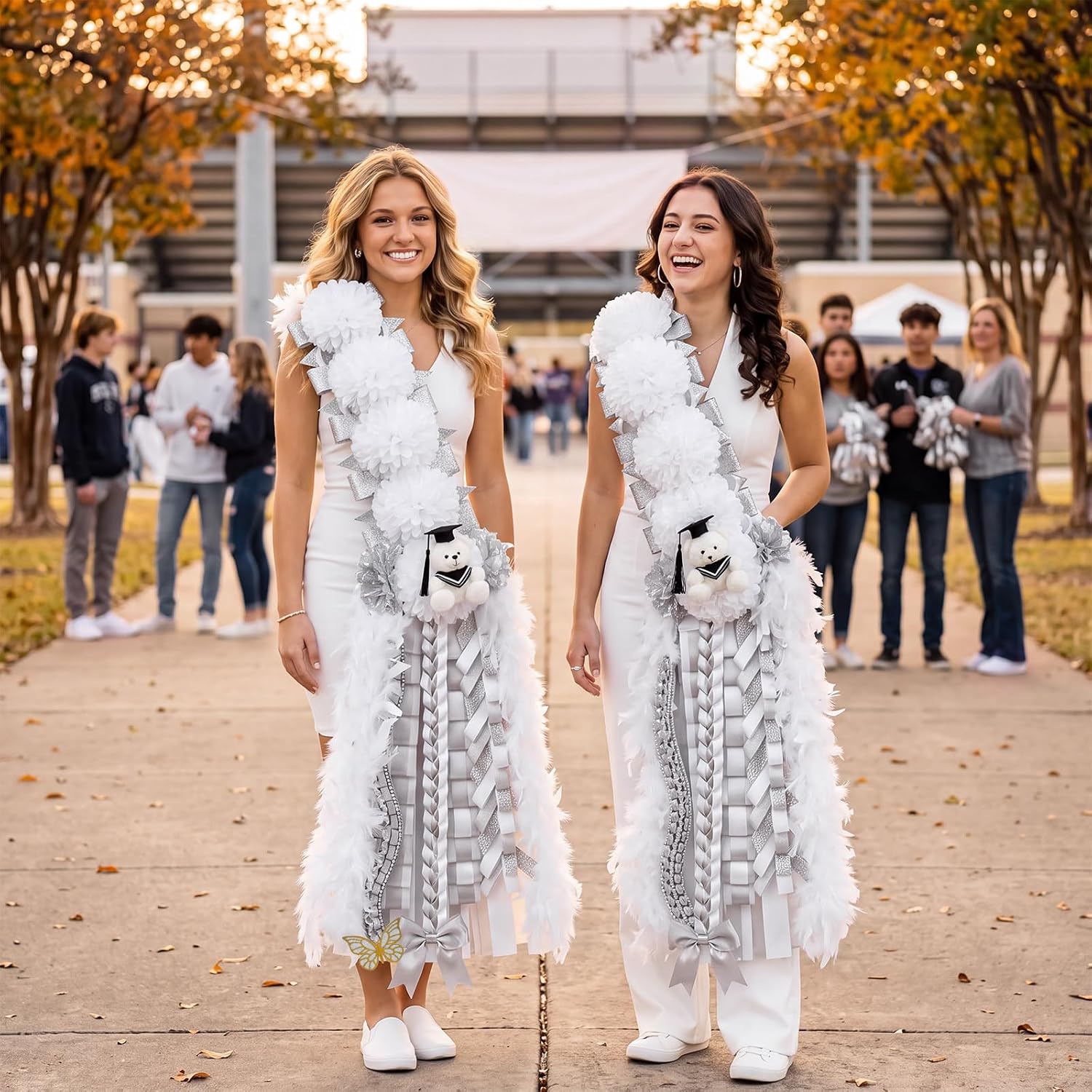 50" Homecoming Mum Sash Flowers with Teddy Bear Bow Ribbon, Silver White