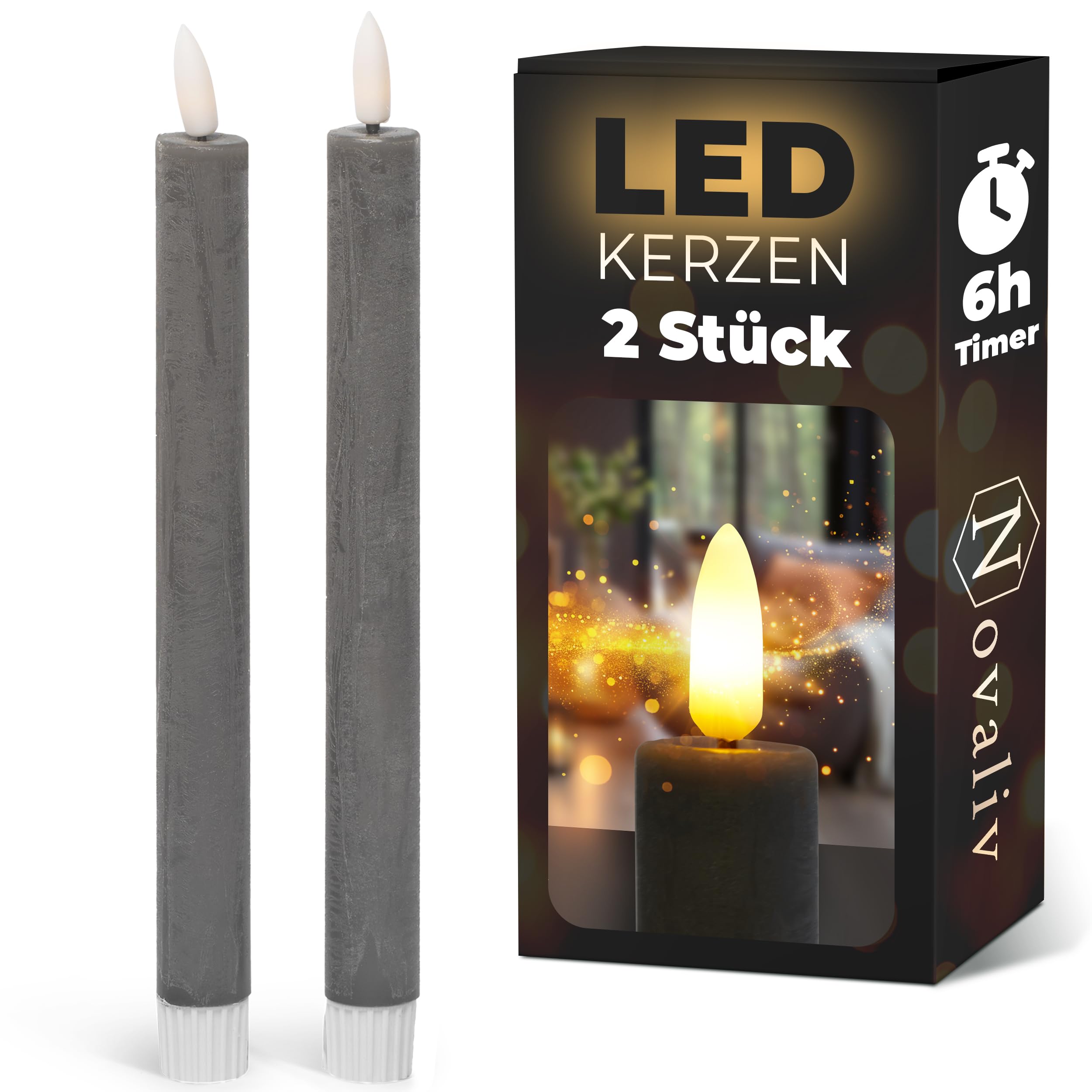 Novaliv LED Stick Candles with Timer, Grey, Pack of 2 Indoor Candles with 6 Hour Timer, Real Wax, 23 cm High, for Candles, Diameter 2.2 cm, 2 AAA Batteries Required, LED Stick Candles, Flickering