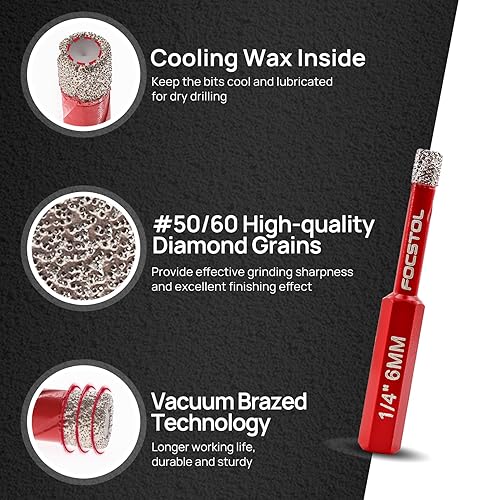 Miniatura 3 de FOCSTOL - Juego de 5 brocas de diamante seco, 5 piezas de 6/6/6/8/0.394 in con vástago hexagonal para baldosas de porcelana de cerámica, mármol