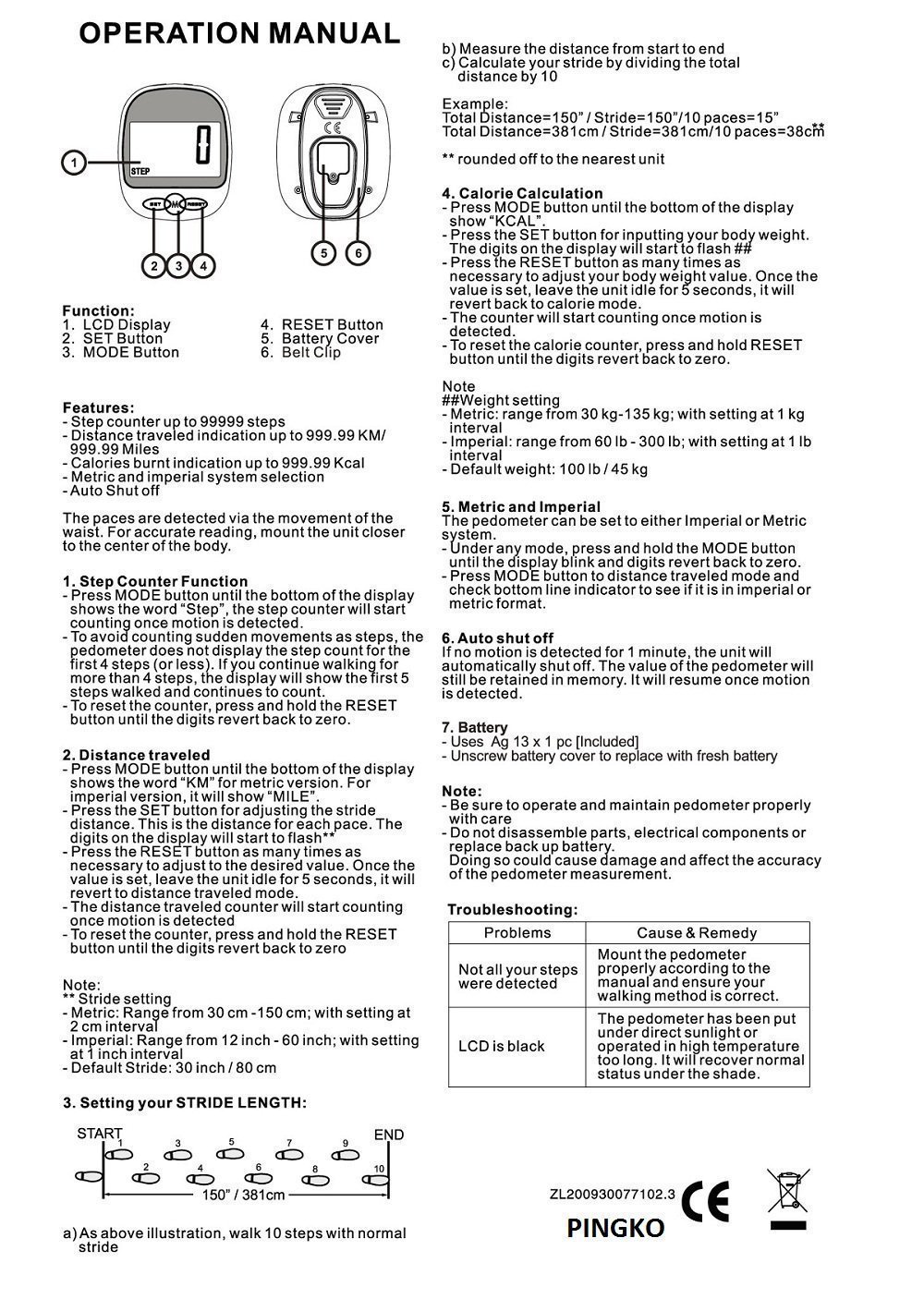 PINGKO Podomètre, Marche, Suivi Précis du Nombre De Pas, Portable, Sport, Podomètre Compteur De Pas/Distance/Calories, Fitness Tracker, Compteur de Calories