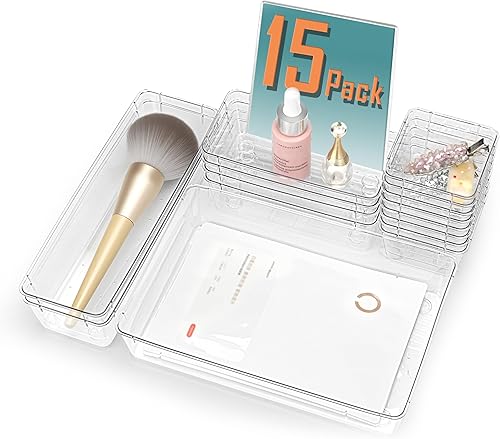 Juego de 15 organizadores de cajones de plástico transparente, bandejas organizadoras de cajones de maquillaje de 4 tamaños para tocador,