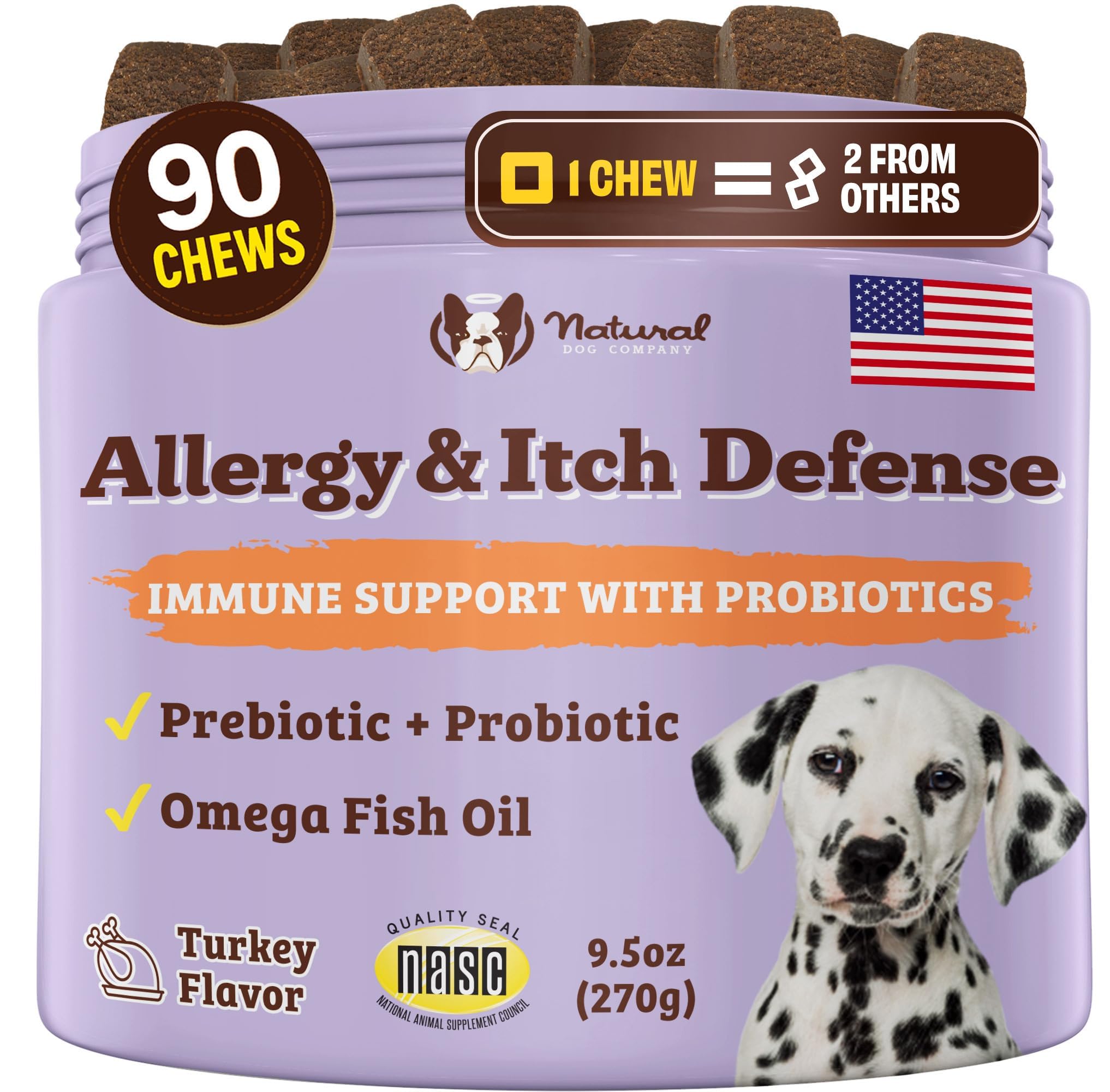 Natural Dog Company Aller-Immune Chews (90 Pieces), Salmon Flavor, with Canine-Specific Probiotics, Allergy Immune Supplement for Dogs of All Ages, Sizes & Breeds, Boosts Immune System
