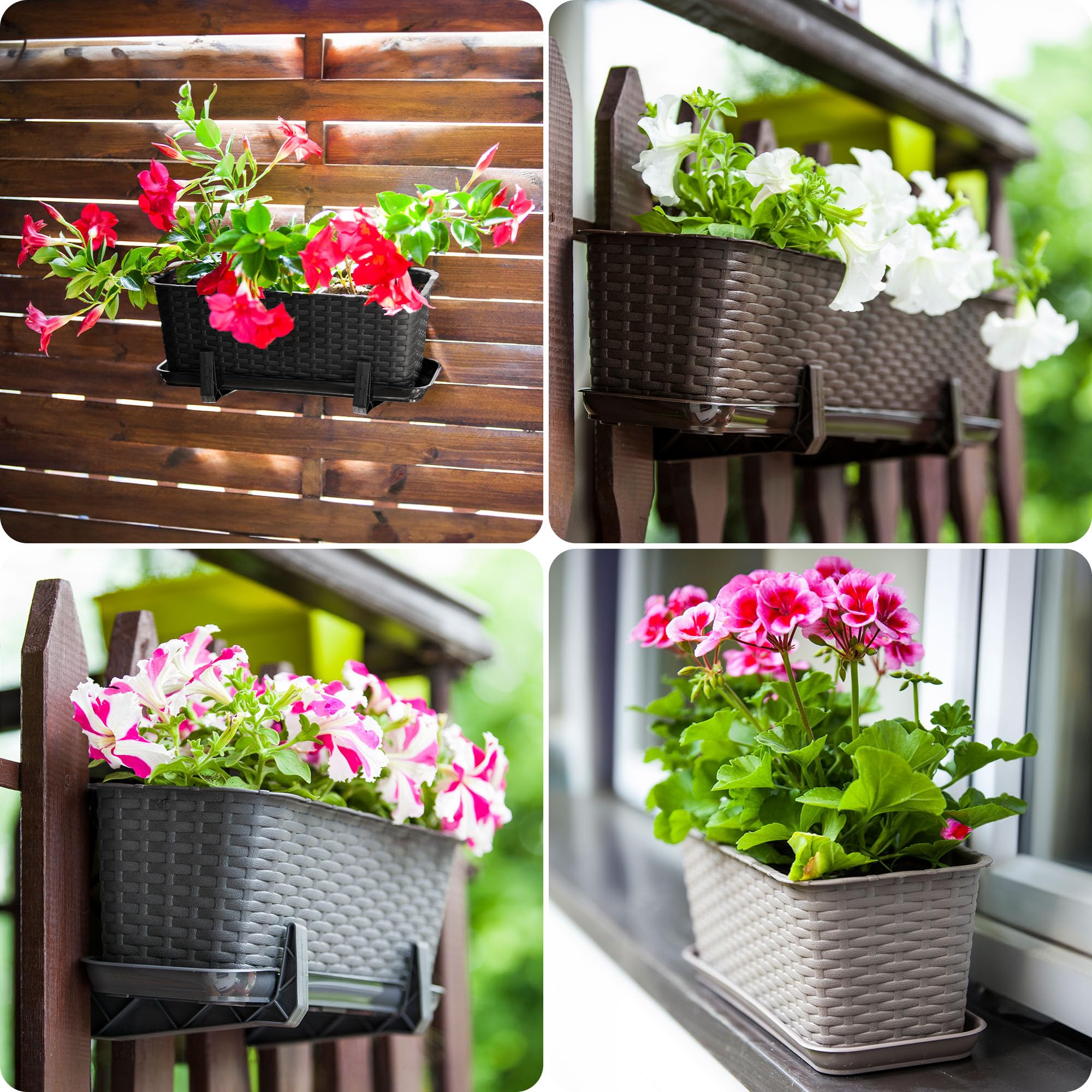 KADAX Maceta de Plástico Imitación Ratán, Macetero Rectangular con Platillo y Soportes para Exterior, Jardinera Colgante para Balcón (Antracita, 60 cm, Aprox. 12L)
