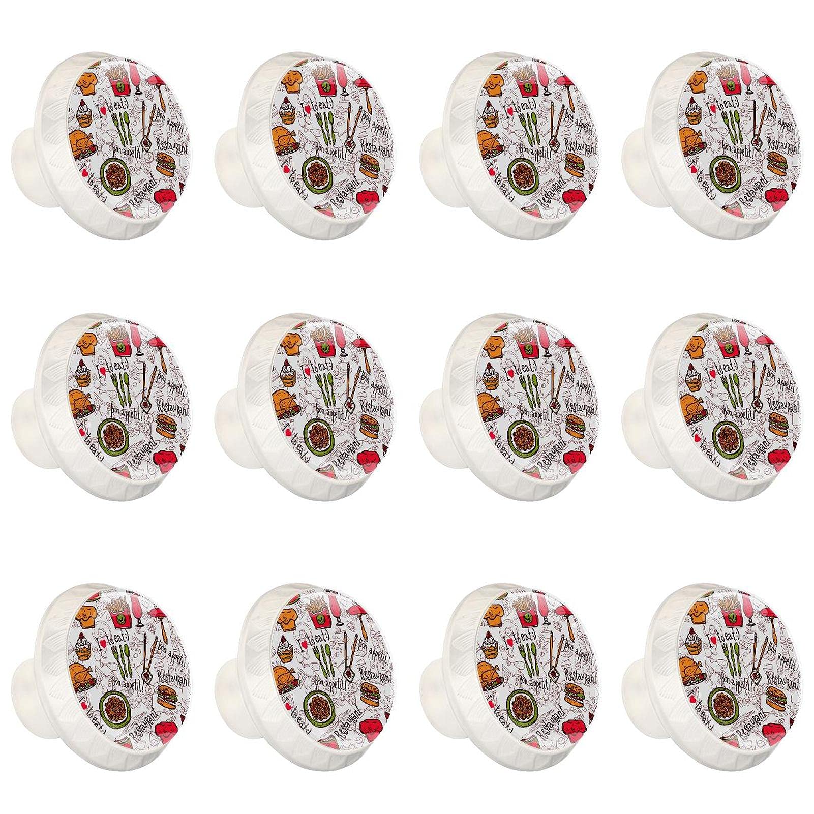 Boutons de cuisine ronds imprimés croquis de pâtes et hamburgers 12 pièces