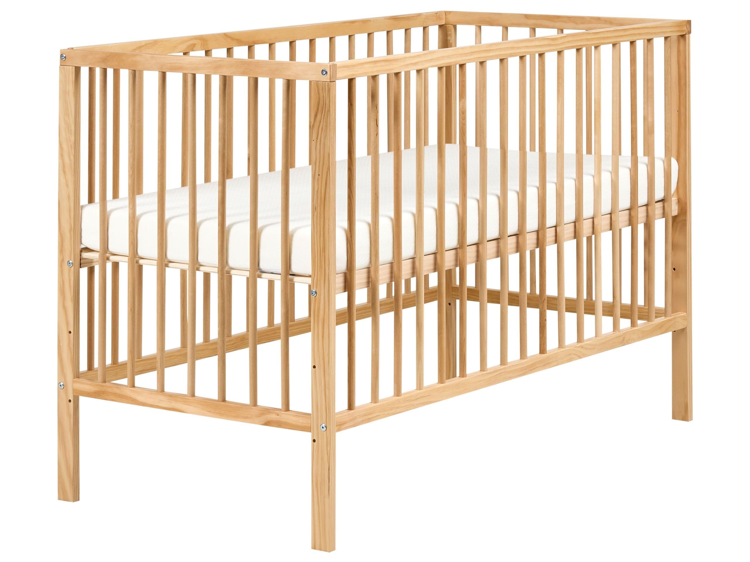 Minimalistyczne łóżeczko dziecięce regulowana wysokość 60 x 120 cm drewno sosnowe ze szczebelkami jasnobrązowe Belenger