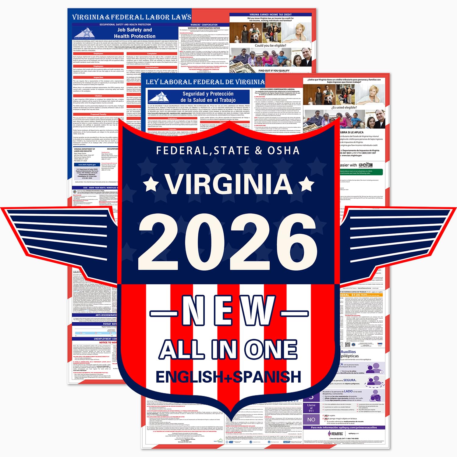 2026 Virginia State and Federal Labor Laws Poster – OSHA Compliant Laminated 24" x 36" English and Spanish Bundle 2 Pack Folded