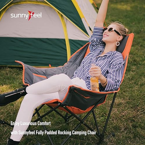 Miniatura 4 de SUNNYFEEL Silla mecedora de gran tamaño, silla de patio totalmente acolchada con bolsillo lateral, sillón reclinable portátil de respaldo alto con