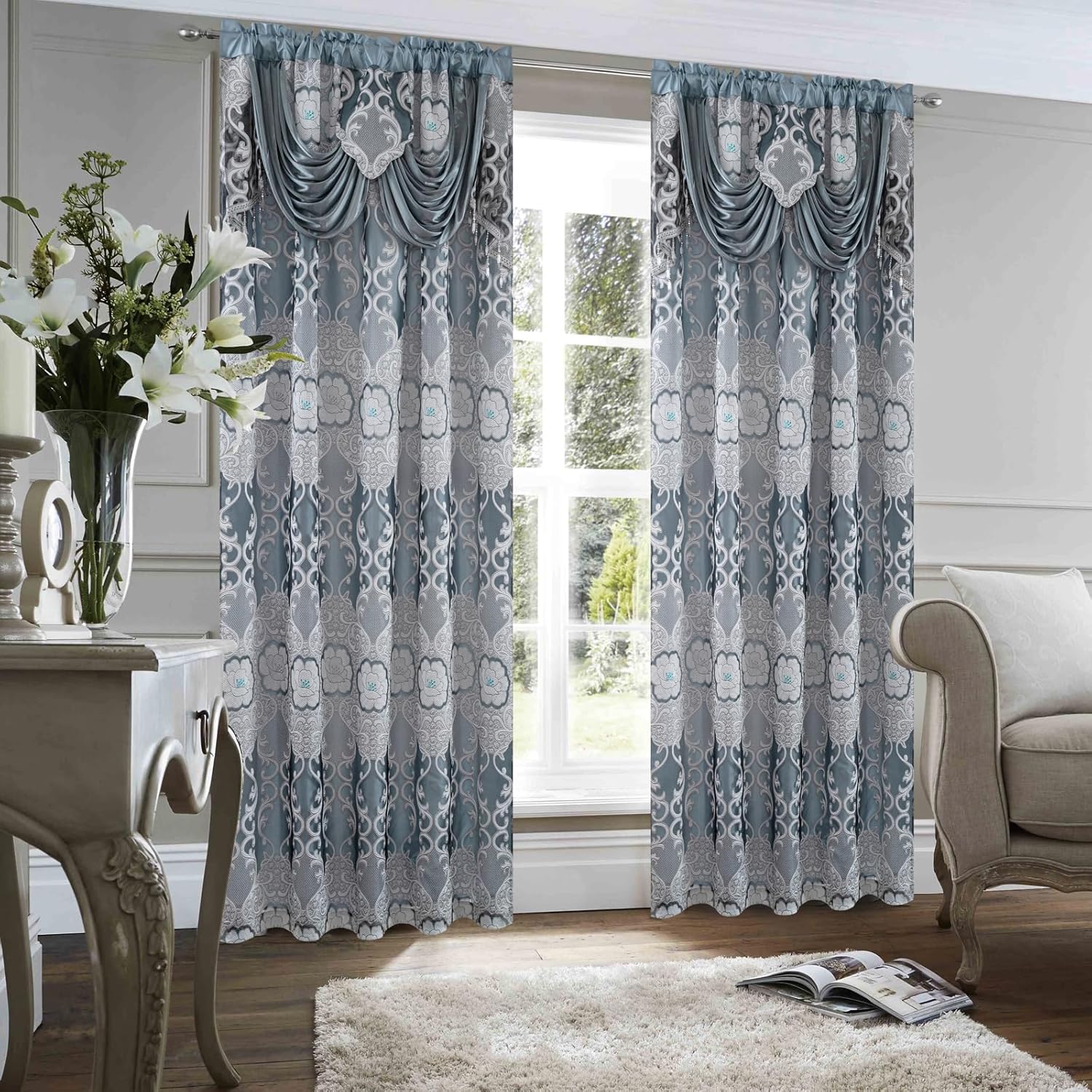 Petrichor Gray Sheer Jacquard Voile Curtains （54" W x 63" L）, 2 Panels with Attached Valance, Double Layer Floral Cutwork Design with Luxurious Texture, Rod Pocket, for Bedroom & Living Room