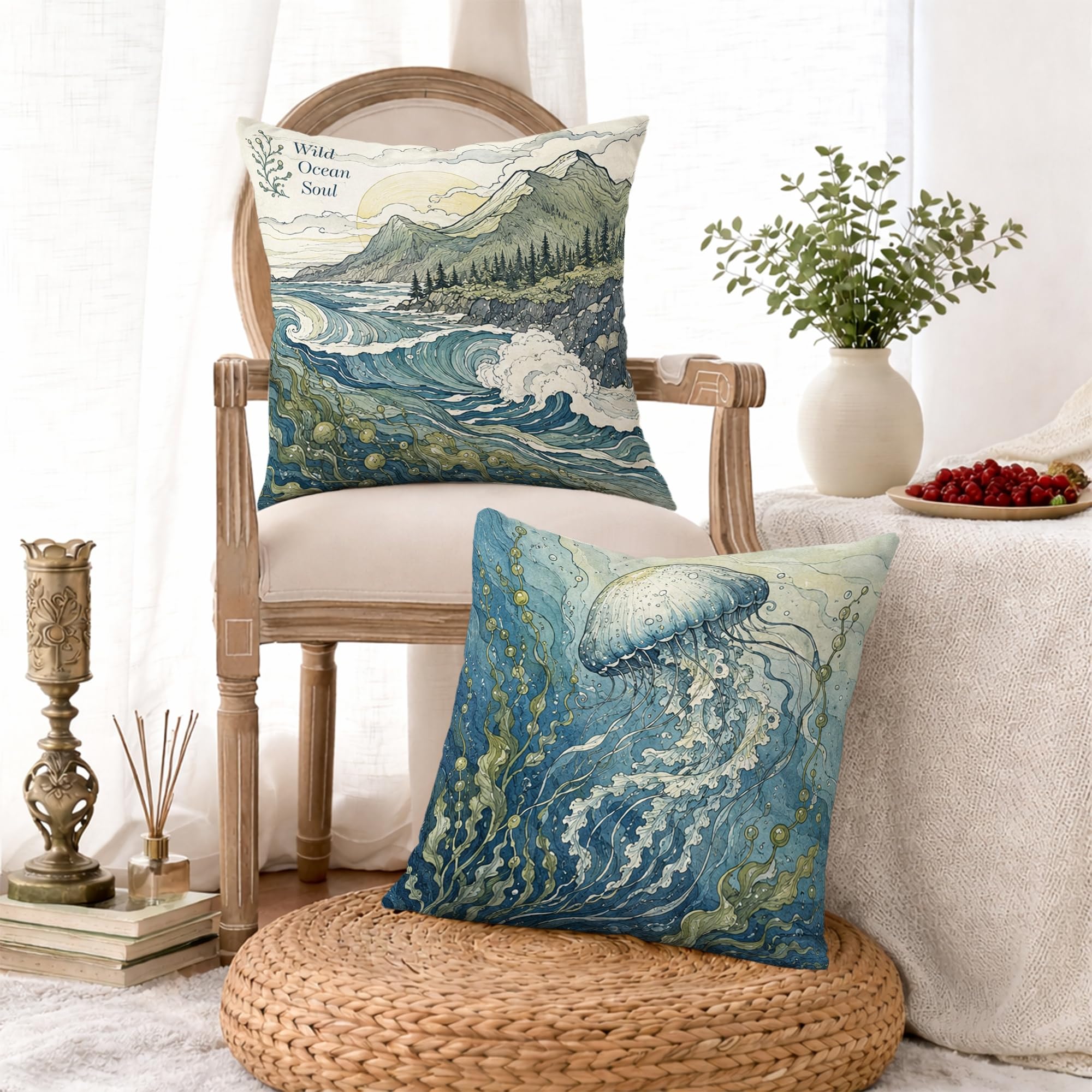 Whale Dekokissenbezüge 4er-Set, natürliche Quallen, Muscheln, Sommerblau, mit verstecktem Reißverschluss, dekorative Kissen für Zuhause, Wohnzimmer, Schlafzimmer, Schlafsaal, Couch-Dekoration, 50,8 x Home & Kitchen