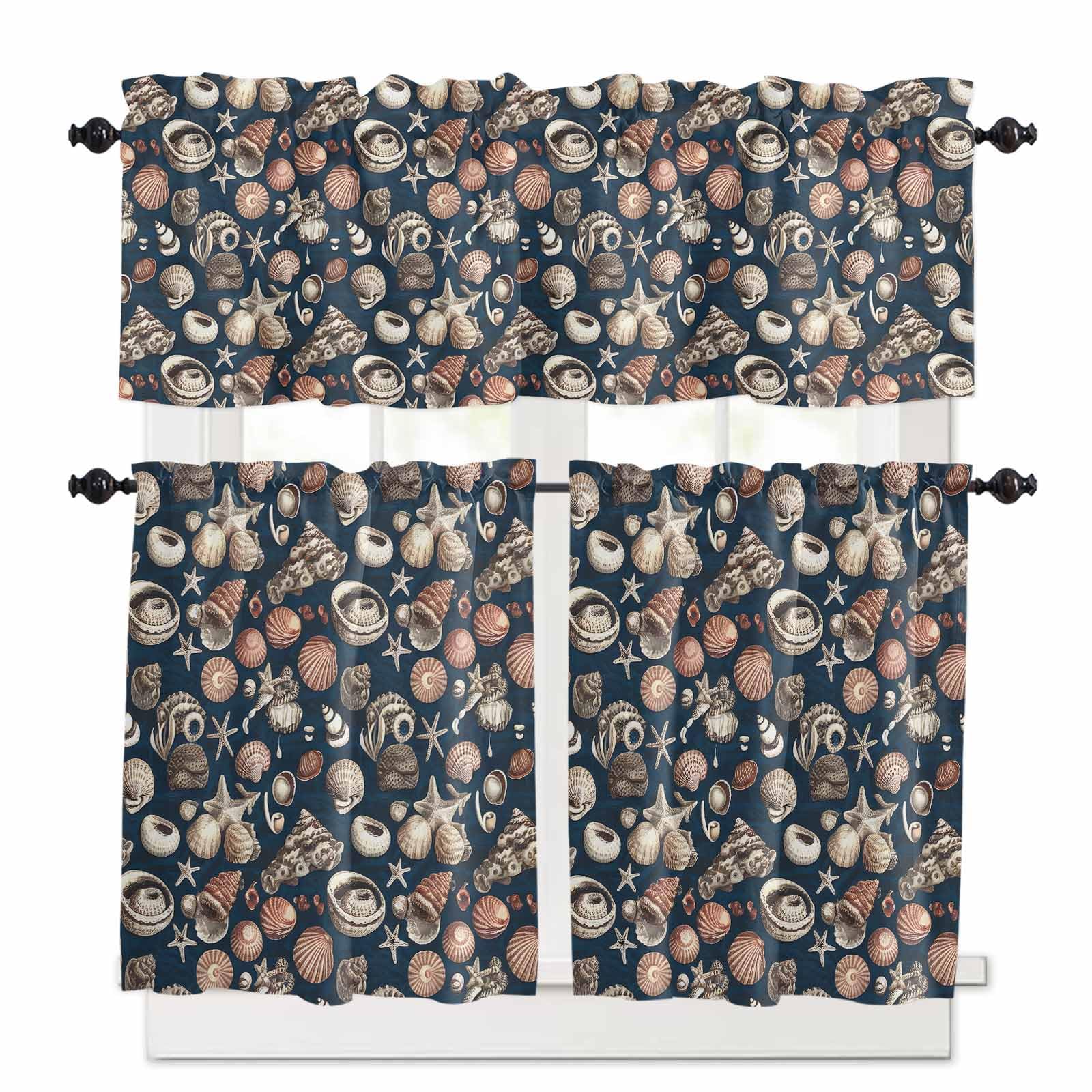 Coastal Shell Starfish Kitchen Curtains 24 Inch Length, 3 Piece Rod Pocket Small Half Tiers and Valance Set, Vintage Ocean Summer Seaside Small Large Window Treatment Decor for Bedroom/Bathroom Sink
