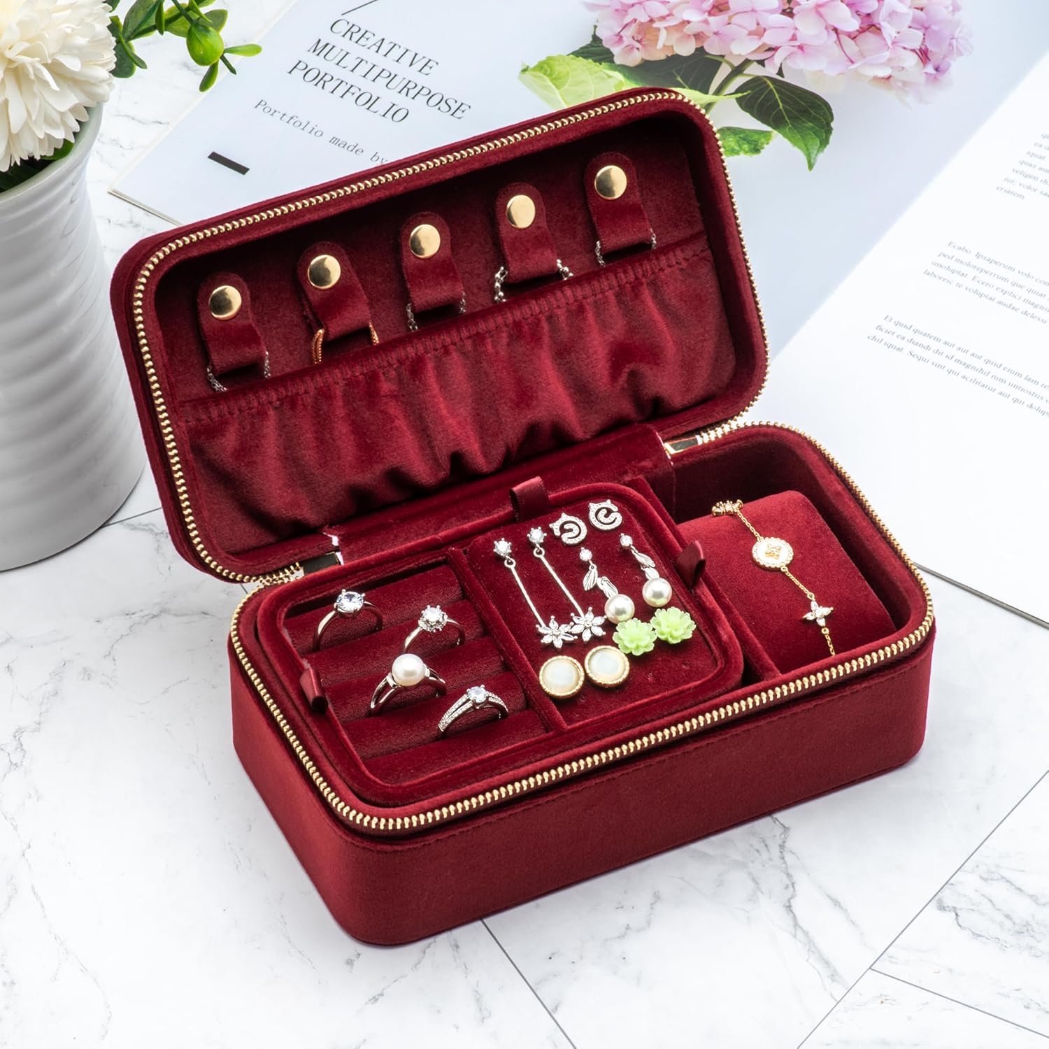 Velvet Multiple Ring Box Jewelry Organizer Display Tray with Zipper Around, Earring Watch Necklace Holder Case for Wedding Birthday Christmas Valentine Day (Red)