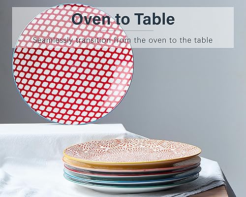 Miniatura 4 de ONEMORE Juego de 6 platos llanos coloridos de porcelana de 10.5 pulgadas, aptos para microondas, horno y lavavajillas, platos de cerámica grandes