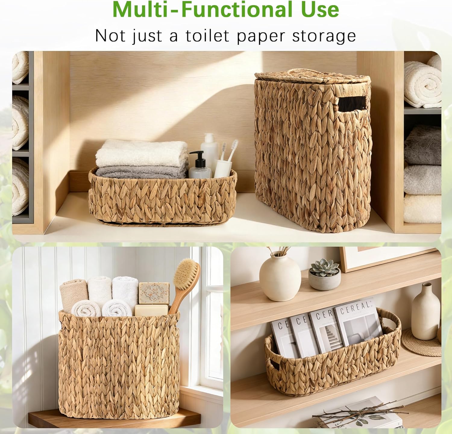 Livole 2-in-1 Toilet Paper Basket with Lid Water Hyacinth Toilet Paper Storage - 16 Regular Rolls or 12 Mega Rolls Large Natural Toilet Paper Organizer for Bathroom