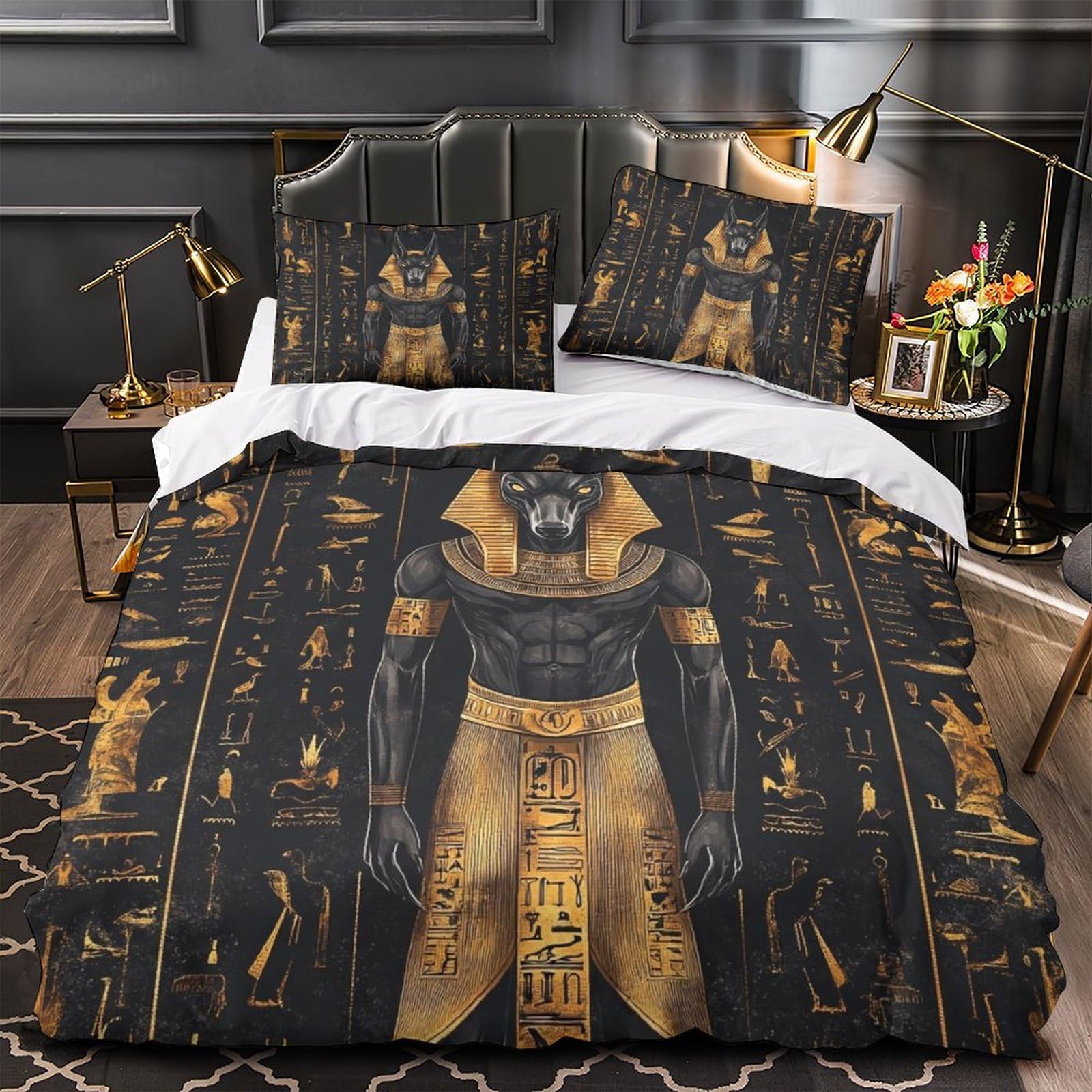 Housse de couette Dieu de l'Égypte Antique 260x220 cm avec 2 taies d'oreiller pour lit Super King