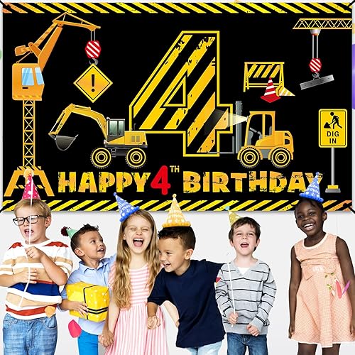 Miniatura 10 de Cartel decorativo de construcción para el primer cumpleaños para niños y niños, tema de construcción de camión volquete, suministros de fiesta de