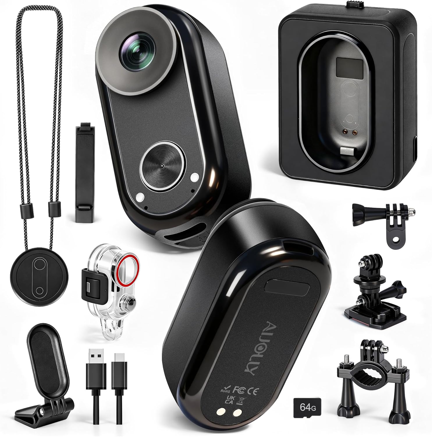 True 4K Action Camera with GPS AI Tracking, 64G Mini Body Camera with 6-Axis Stabilization, Wearable POV Cam with Charging Case, Waterproof Thumb Sports Camera for Cycling Swimming Skiing