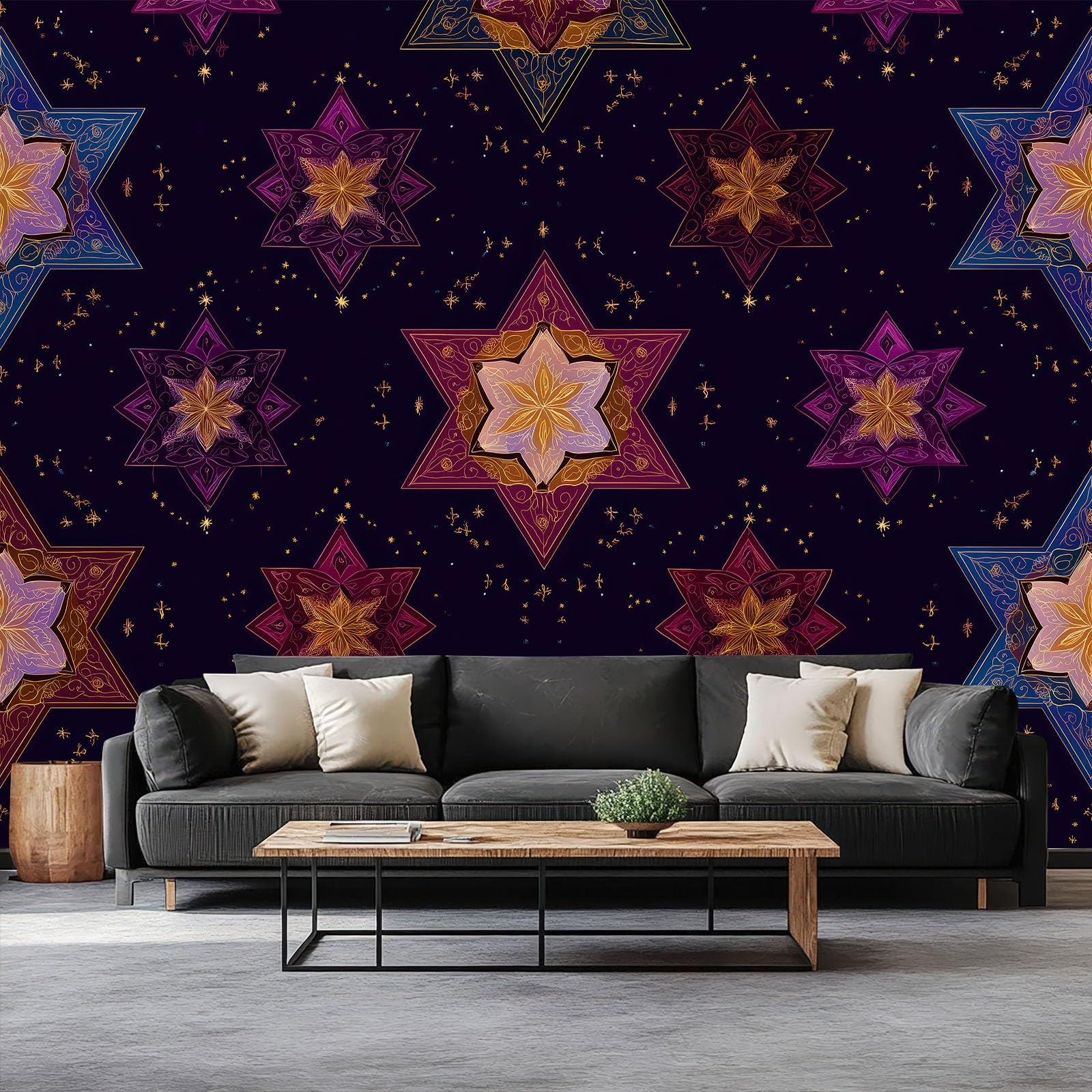 Geometryczny gobelin ścienny z włókniny w gwiazdki kwiaty łatwy do nałożenia - wielokolorowa tapeta na zamówienie 350 l x 256 cm, zmywalny plakat XXL do pokoju dziecięcego i restauracji