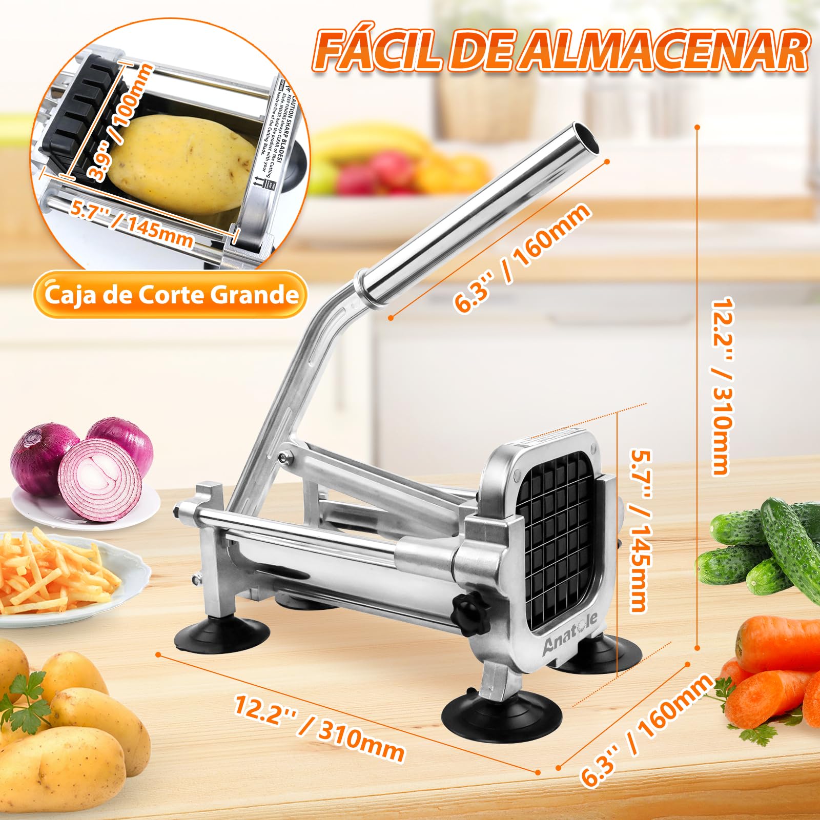 Anatole Cortador de Patatas Fritas Profesional Manual con 13mm Cuchilla | Cuchilla de Acero Inox, Picadora de Papas Finas, 4 Ventosas, Compacto, para Zanahoria Pepino Cebolla, para Cocina de Casa