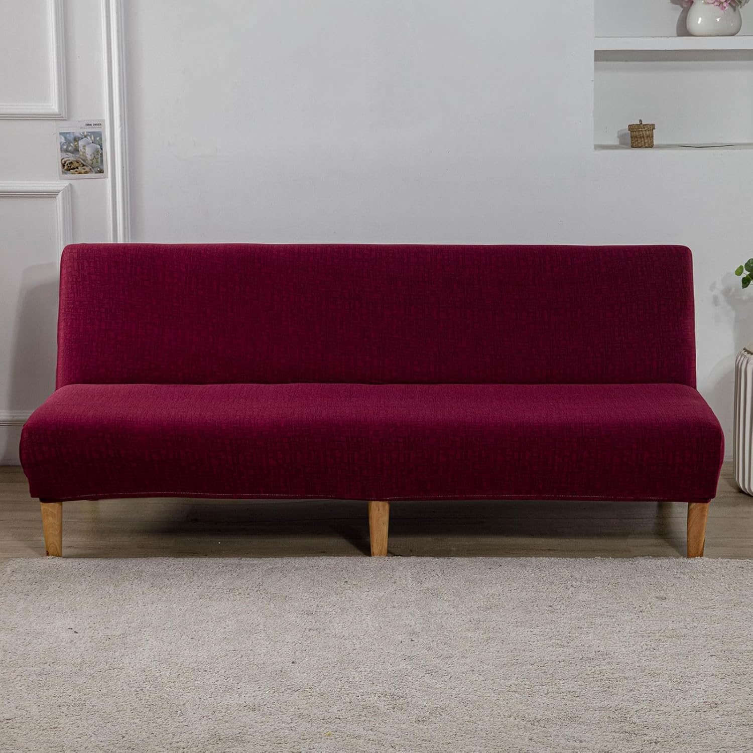 Folding Armless Sofa Cover, Printed Futon Cover High Stretch Futon Slipcover Soft Removable Armless for Living Room Bedroom-Wine Red-Large