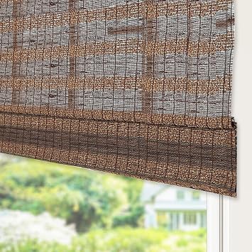 Sunbox Cordless Bamboo Roman Shades, Natural Wood Woven Window Blinds, Bamboo and Linen Fabric Blinds for Home, for Kitchen, Brown