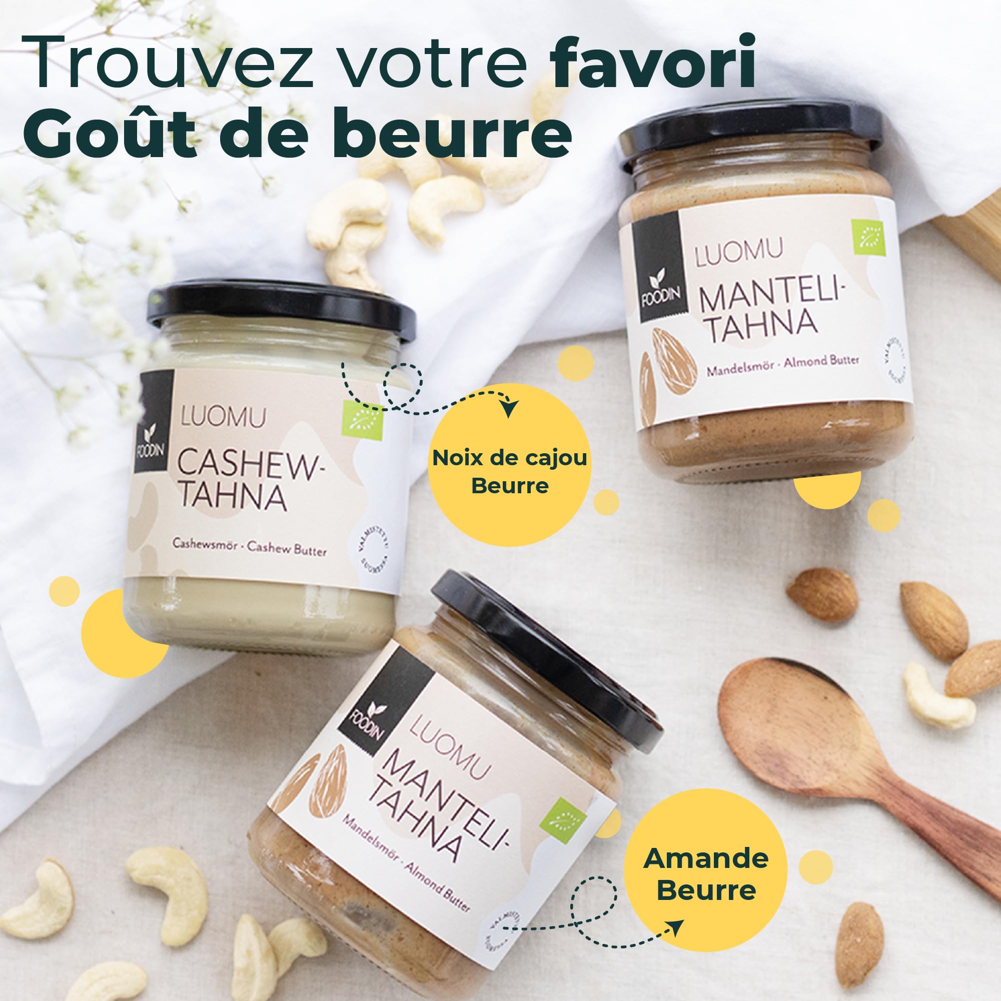 FOODIN Noix de cajou bio dans un verre – 100 % naturel noix de cajou, beurre de cajou (2 x 250 g)