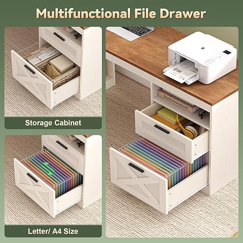 Miniatura 7 de Escritorio de pie en forma de L de granja, escritorio eléctrico de pie de esquina de 66 pulgadas con cajones y estantes de almacenamiento