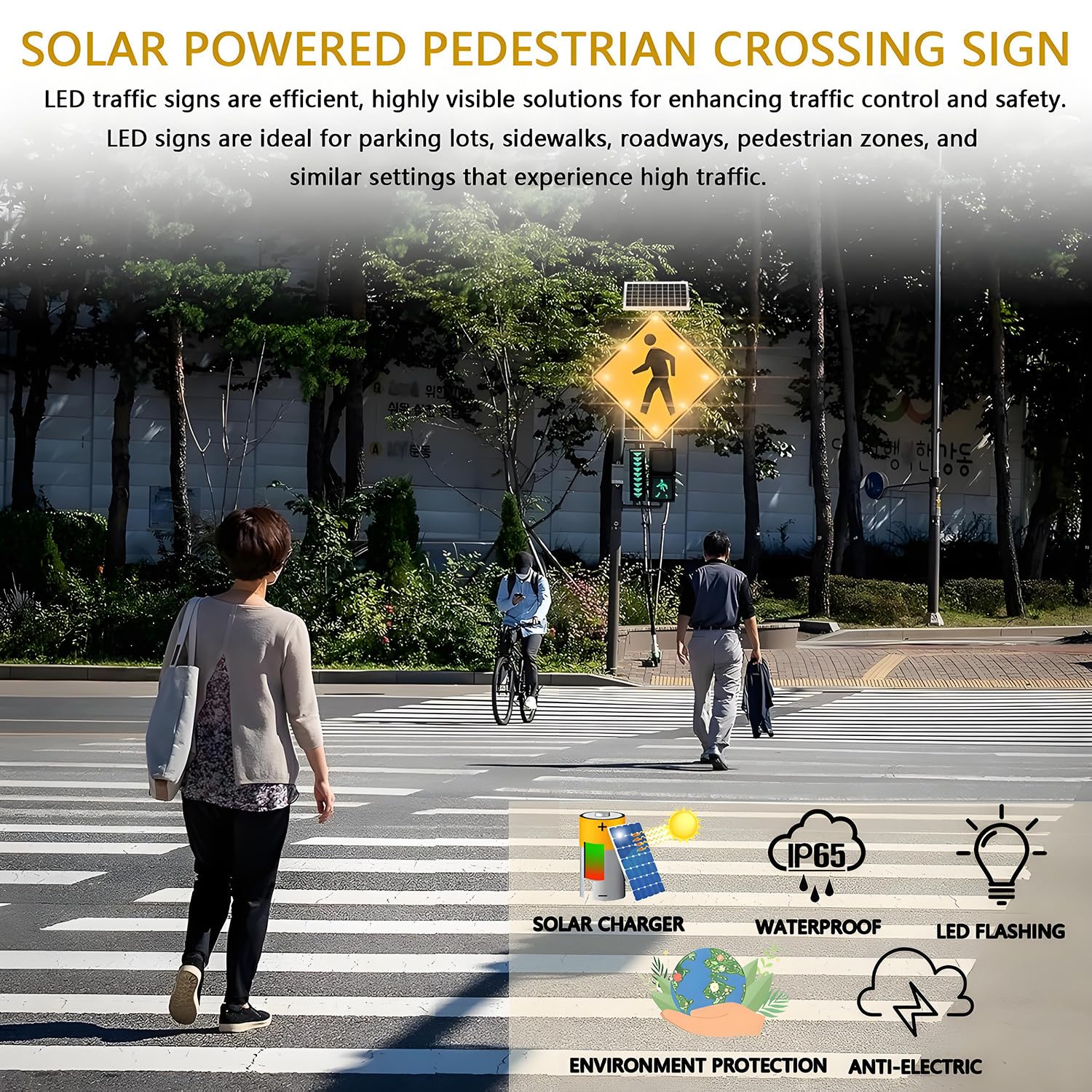 Señal de cruce de peatones LED con energía solar, señal de advertencia de tráfico, marco inoxidable para seguridad vial