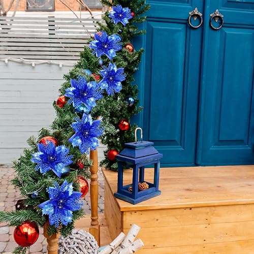 Miniatura 5 de 12 flores de Pascua de Navidad de 5.7 pulgadas con purpurina, flores artificiales con clip, adorno de árbol de Navidad para el hogar, corona,