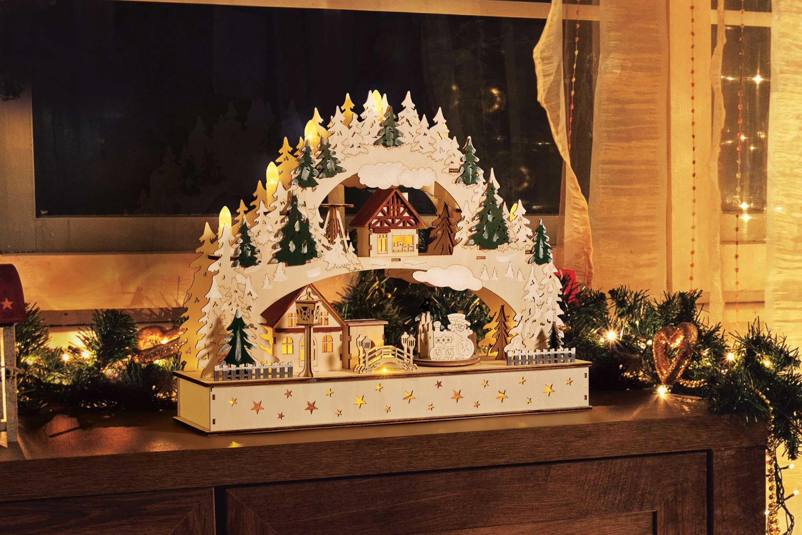 Arche de Noël haut de gamme en bois, train mobile et bougies LED