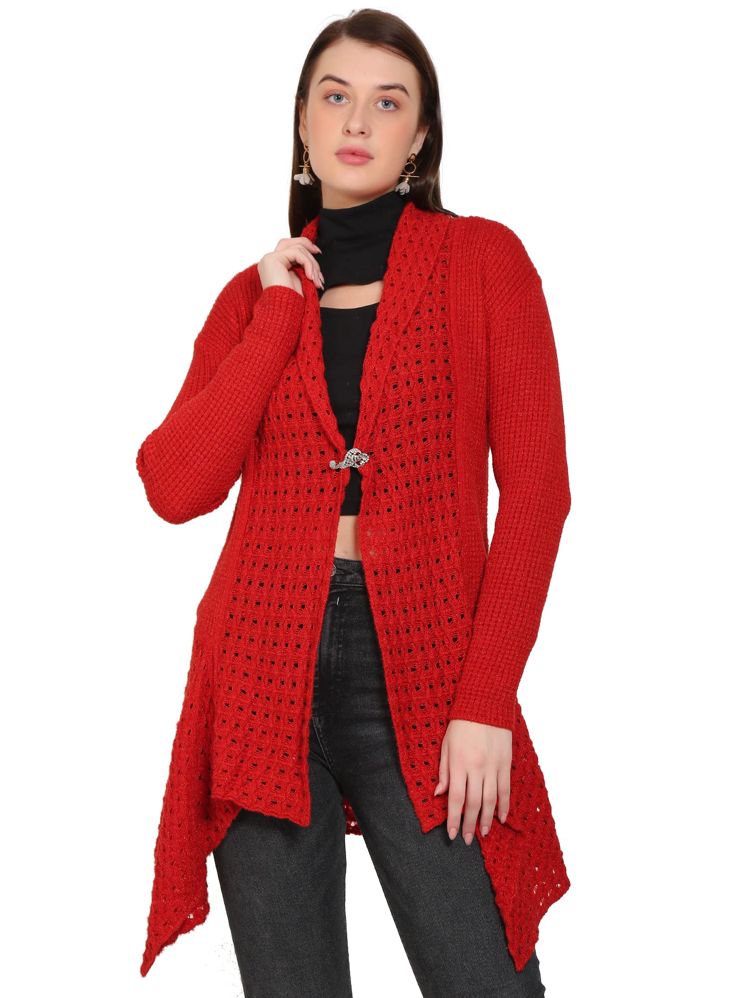 chatanya Women's Winter Wear Embroidered Woolen Long Asymmetric Neck Cardigan (100% Acro Wool) (Large, Dark Red)-picture-35