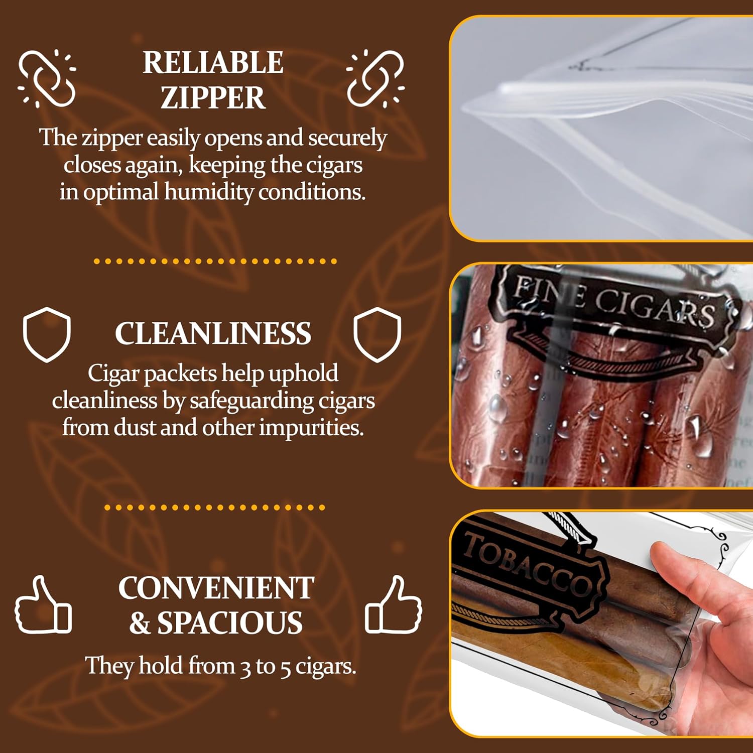 APQ Supply Clear Printed "Fine Tobacco" Cigar Bags Plastic, 10 x 5 Inches. Pack of 100 Reclosable Zipper Bags for Cigars. Polyethylene Cigar Travel Bag, 3 Mil. Small Plastic Baggies for Storing Cigars