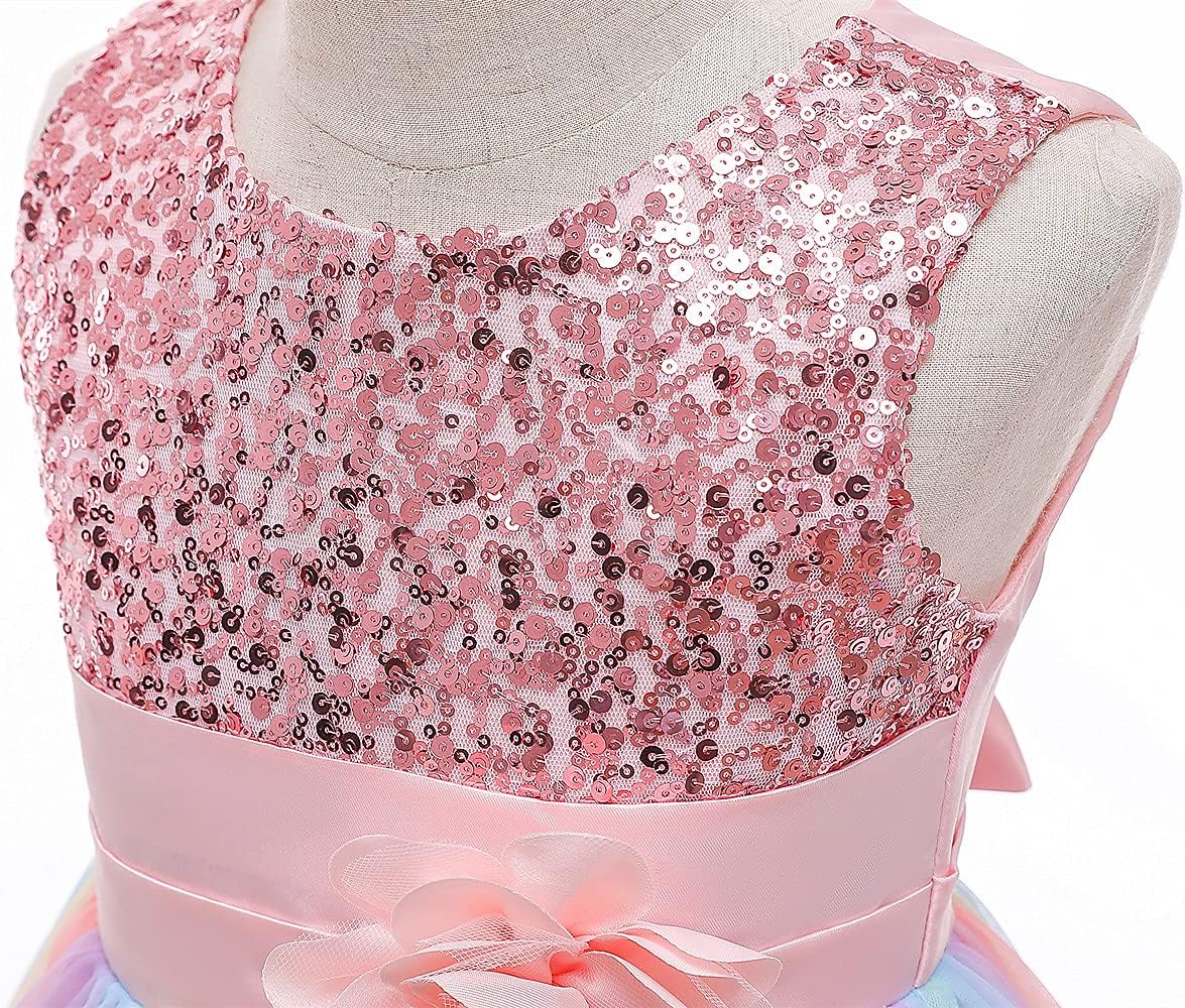 Super Fairy Flower Girls Sequin Mesh Tulle Rainbow Party Dress Princess Lace Ball Gown - Image 3
