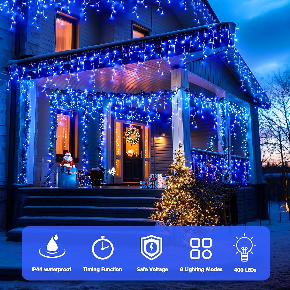 JMEXSUSS 400 LED Blue Icicle Lights - Waterproof, 8 Modes, Christmas &