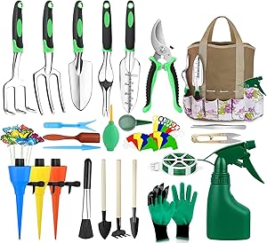 MCIRCO 63 Piece Garden Tools Set Succulent Tools Set, 63 Piece Heavy Duty Aluminum Gardening Tools with Storage Organizer,Hand Tool Kit, Manual Garden Kit, Gifts for Father's Day