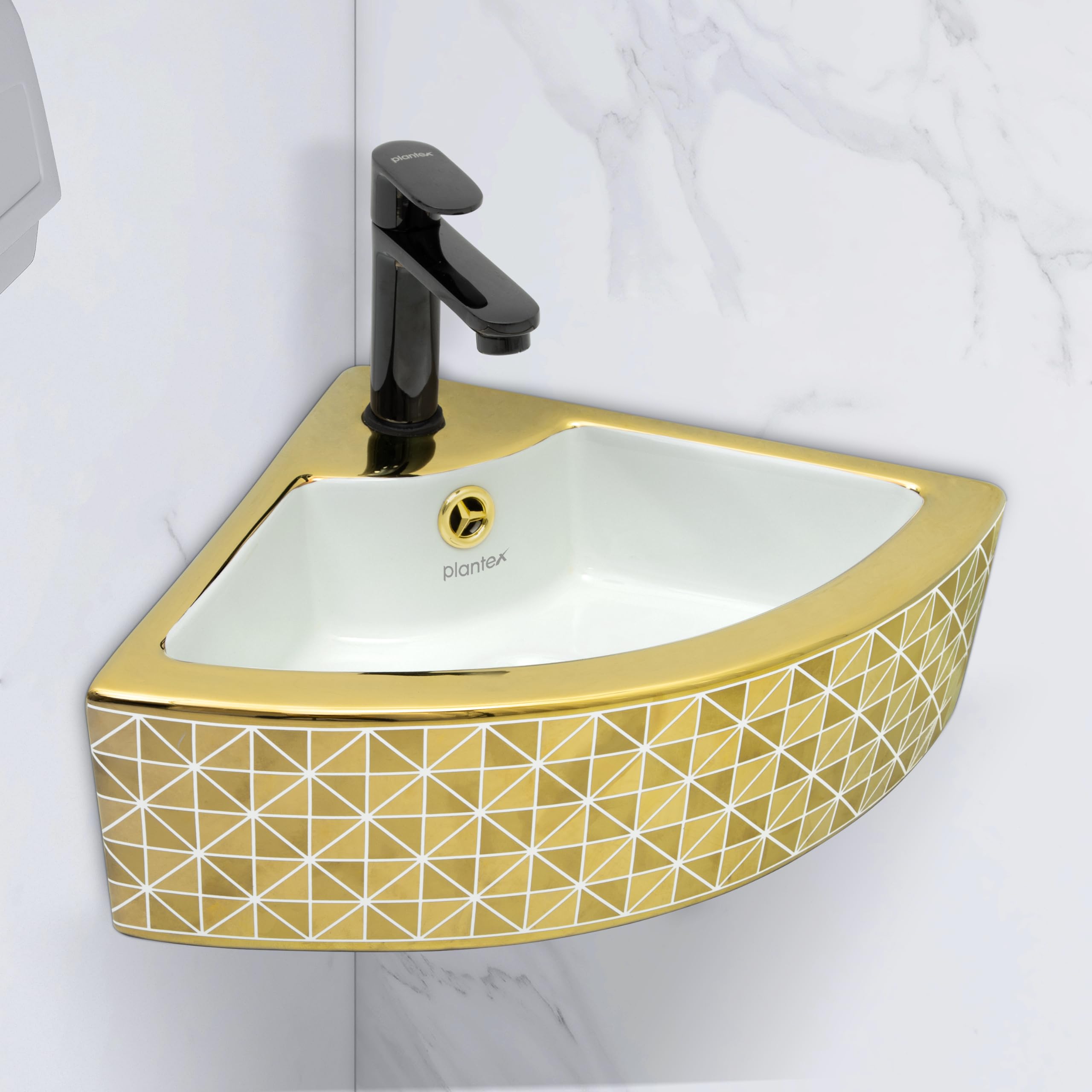 Plantex Ceramic Corner Basin/Wall Mount Washbasin for Bathroom/Small Corner Vessel Sink/Tabletop Wash Basin (Golden Cornia, 18 x 13 x 5 Inch)
