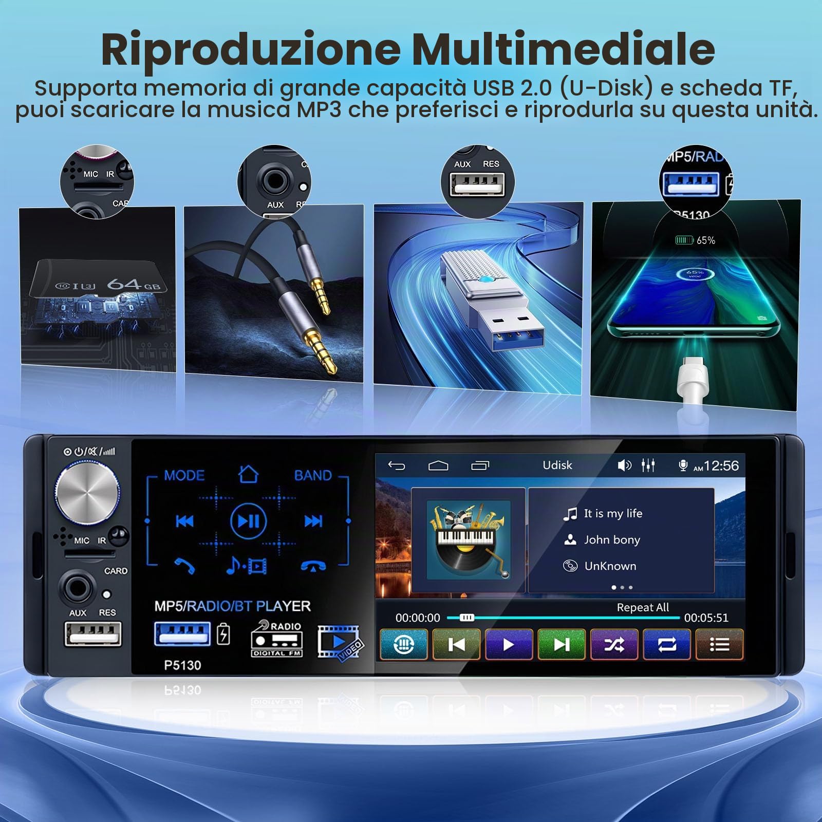 Hikity 4.1" 1 DIN Autoradio con Bluetooth FM RDS | Touchscreen Retrocamera Comandi al Volante Vivavoce USB AUX Scheda TF