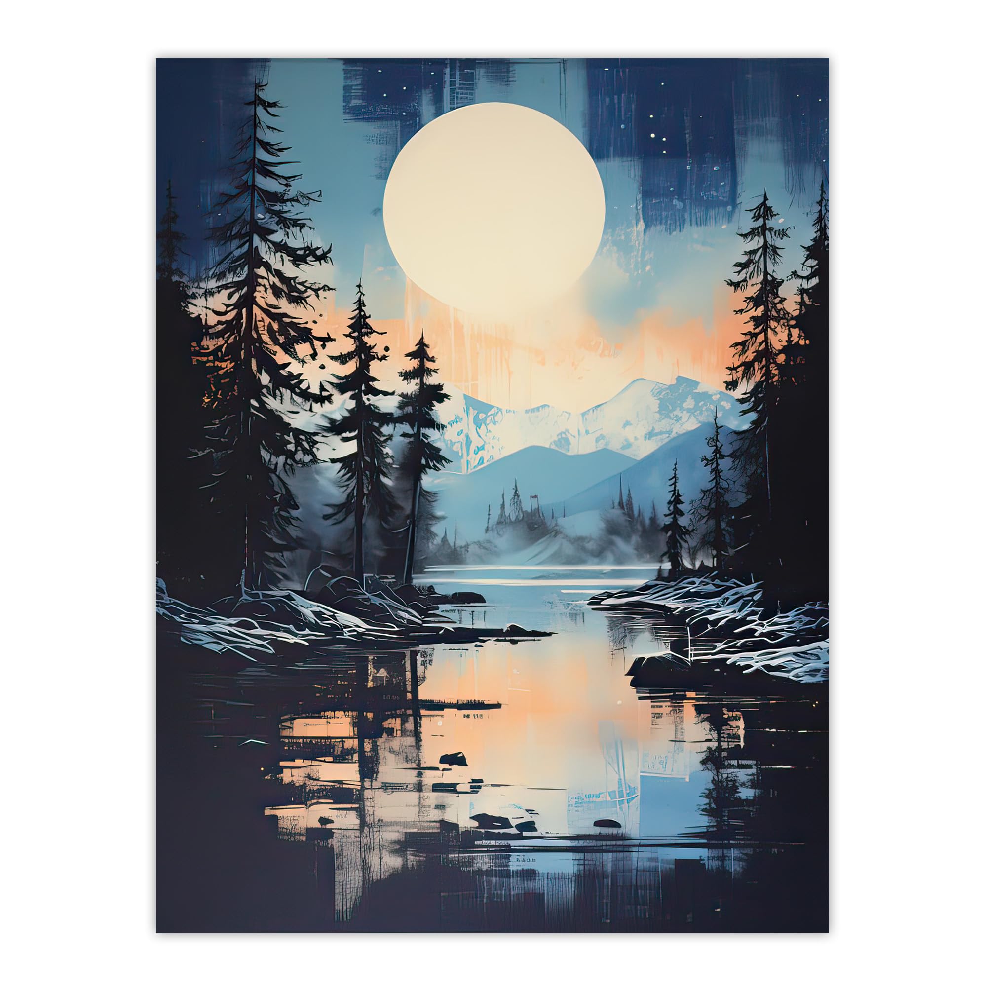 Artery8 Magical Forest Lake Sunrise in Blue and Orange Large Wall Art Poster Print Thick Paper 18X24 Inch