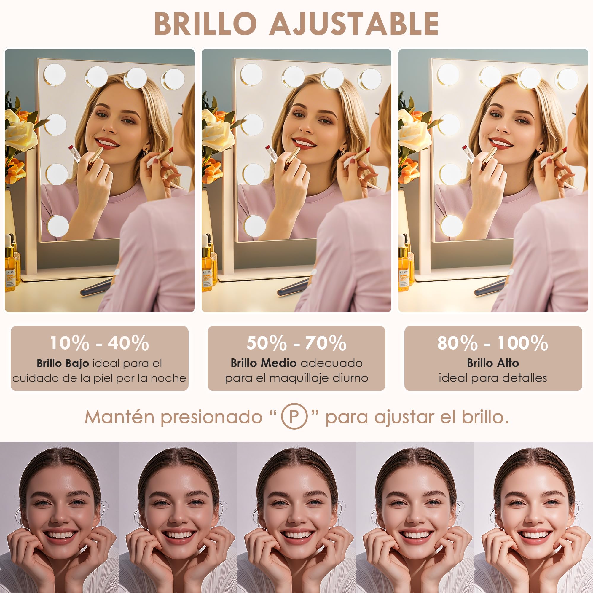 Sucedey Espejo de tocador, Espejo de Maquillaje Hollywood con 12 Bombillas, 3 Modos de Color y Brillo Ajustable, Control táctil, Espejo de Zoom Desmontable de 10X (Blanco)