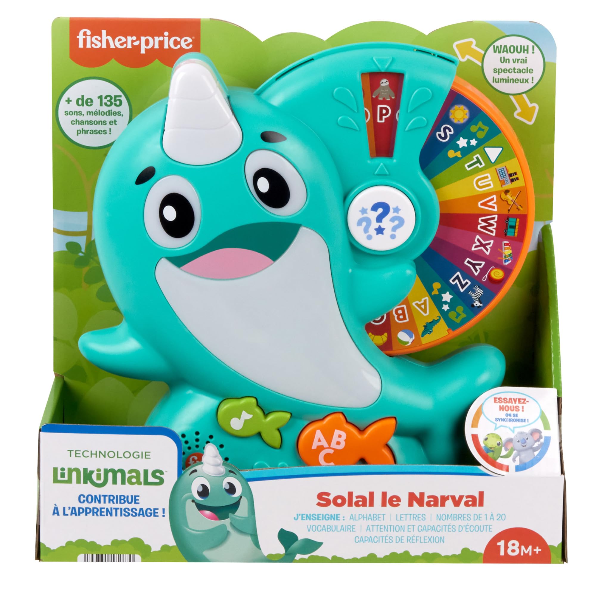 Fisher-Price Jouet Linkimals Solal Le Narval - Jeu Interactif pour Bébé 18 Mois et Plus - Jouet Educatif Musical et Lumineux pour Apprendre Les Chiffres et Les Lettres - Version Française, HRC56