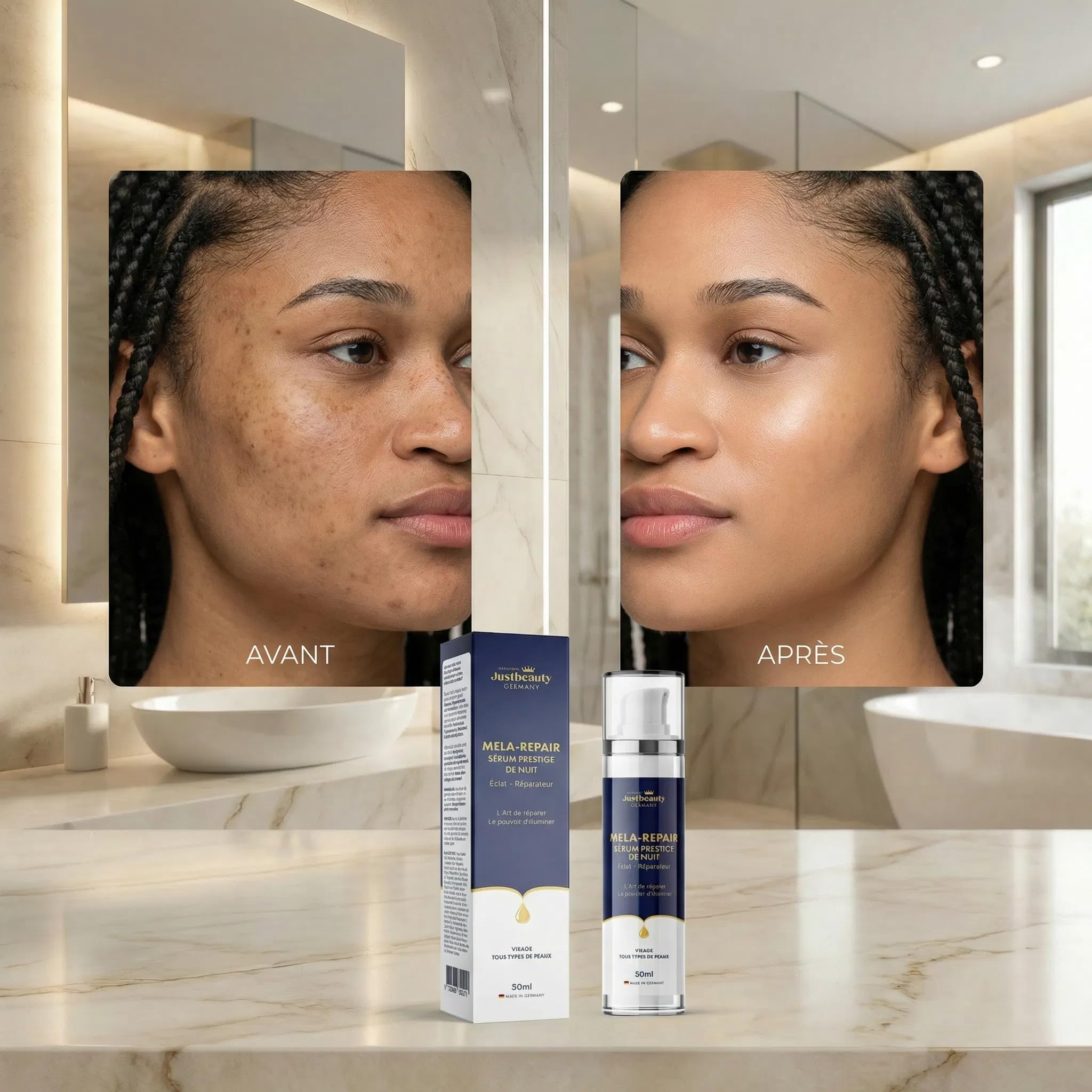 JustBeauty Germany MELA REPAIR Trio Gesichtspflege Intensiv Anti-Flecken – Tag-Serum 30 ml, Nacht-Serum 50 ml & Creme 50 g, Hyperpigmentierung, Melasma, braune Flecken, leuchtender und ebenmäßiger
