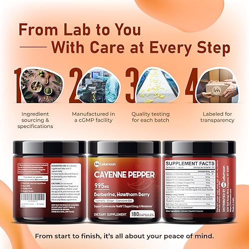 Miniatura 9 de Pimienta de Cayena Premium 995 mg con berberina, espino y CoQ10 – Apoya la salud cardiovascular, la energía y el metabolismo – 180 cápsulas