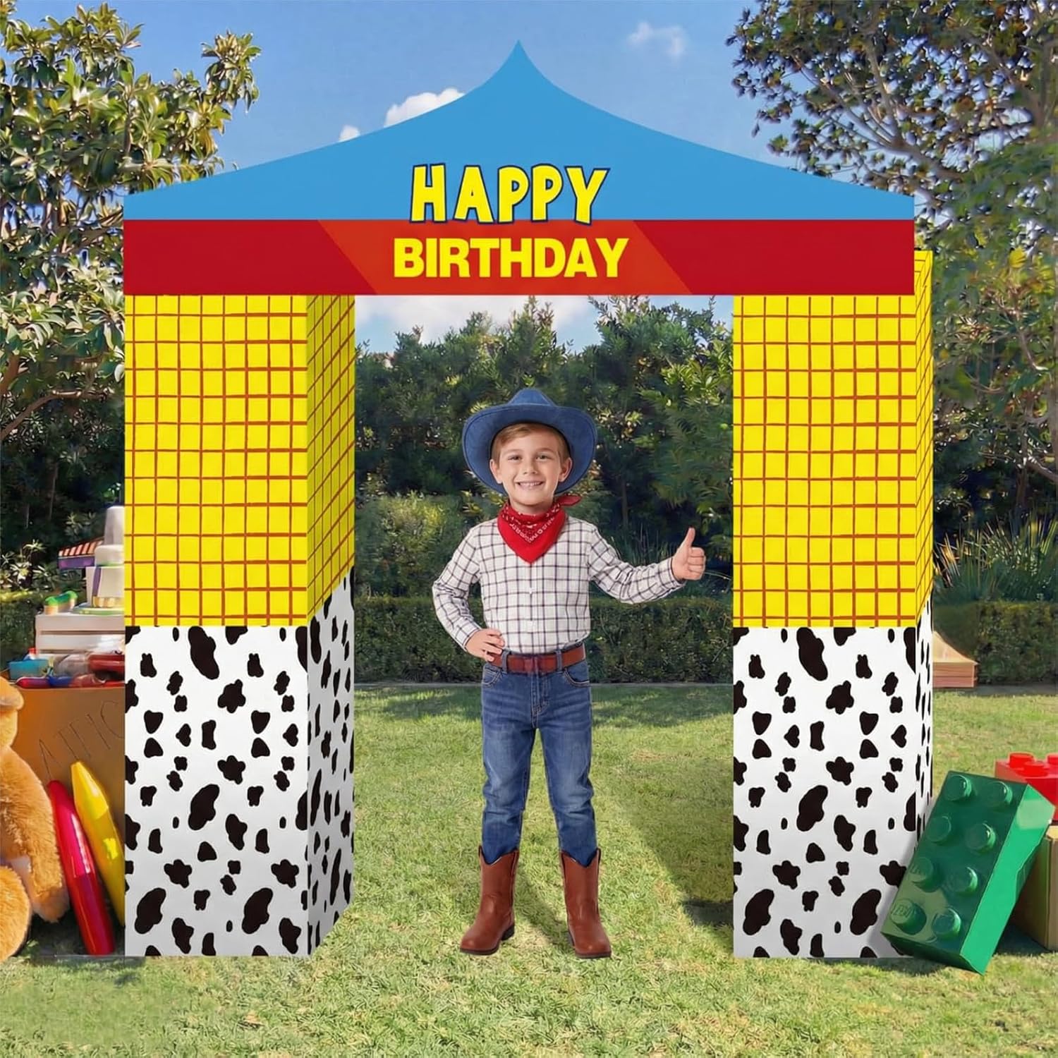 Bucherry 7 Pcs Cartoon Party Decorations Blue Sky White Cloud Cow Print Playhouse Large Cartoon Birthday Party Photo Props Movie Themed Cardboard Decor for Birthday Baby Shower Classroom