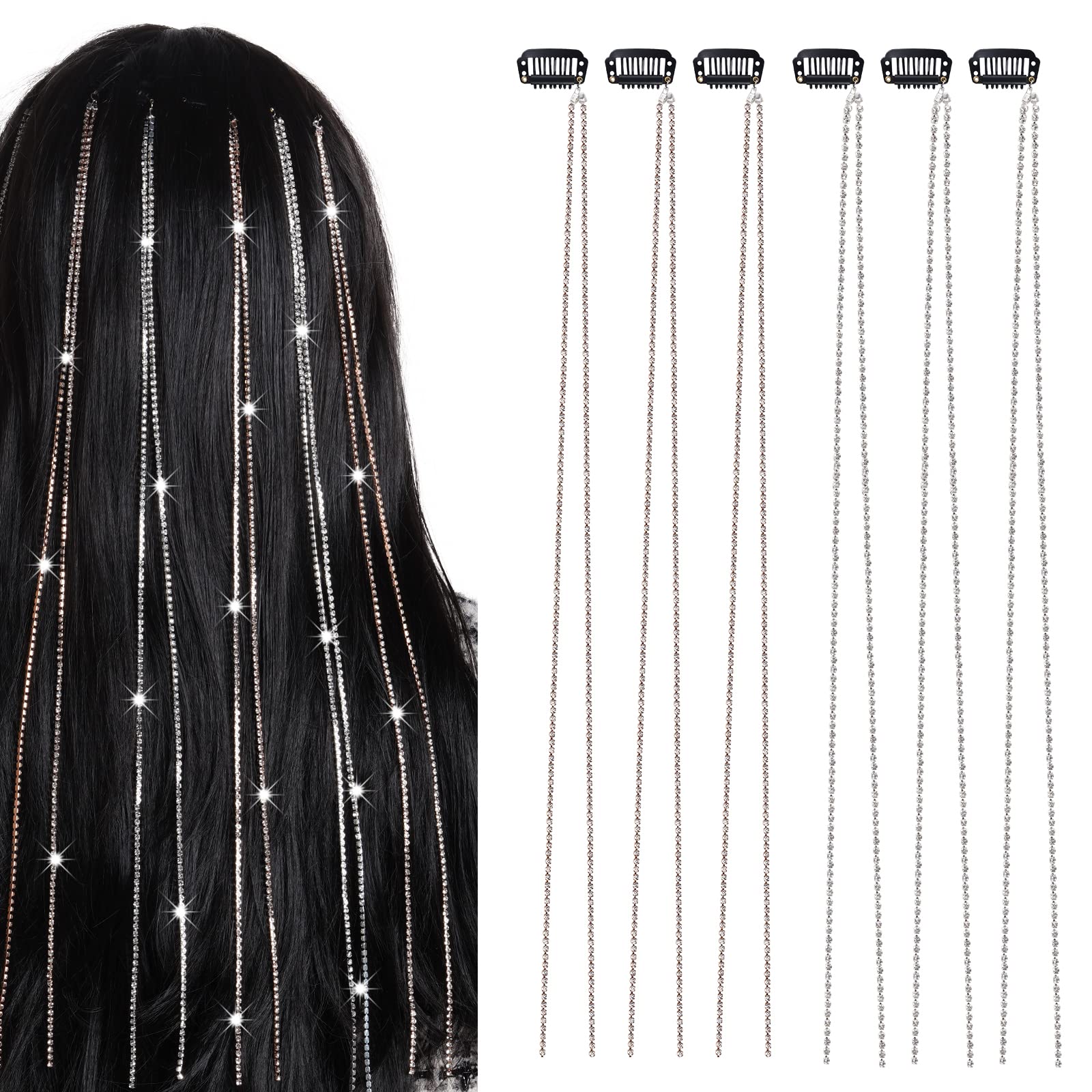 BELICIA 6Pcs Premium Hair Jewelry for Braids Rhinestone Hair Chains Clips In Bling Long Tassel Hair Charms Extension Accessories for Women Girls Rave Festival Hairstyle Decoration(Sliver, Gold)